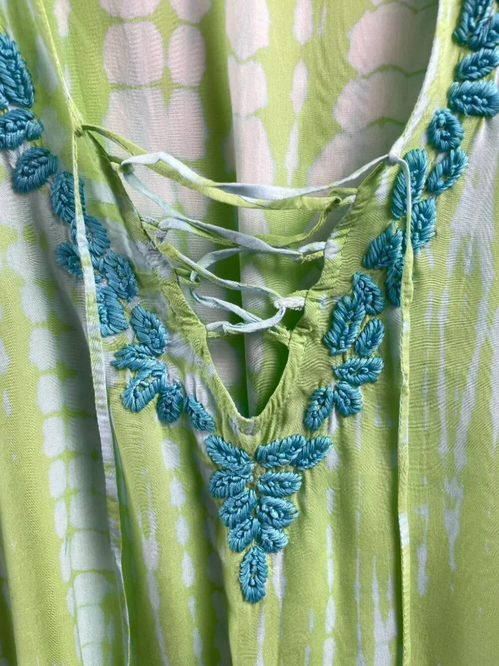 Z&L Tie Dye Beach Swim Coverup Boho Festival V Neck Tunic Embroidered Green OS - Picture 5 of 8